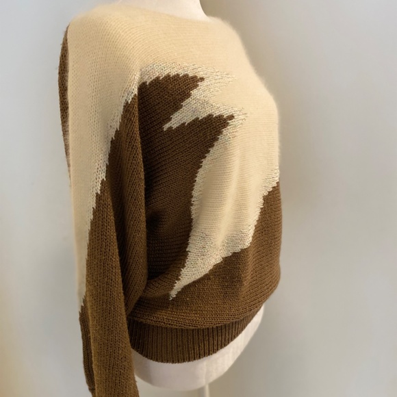 Zachs Sweaters - Vintage Zach’s Sweater S | Brown & White Geometric Knit with Metallic Thread